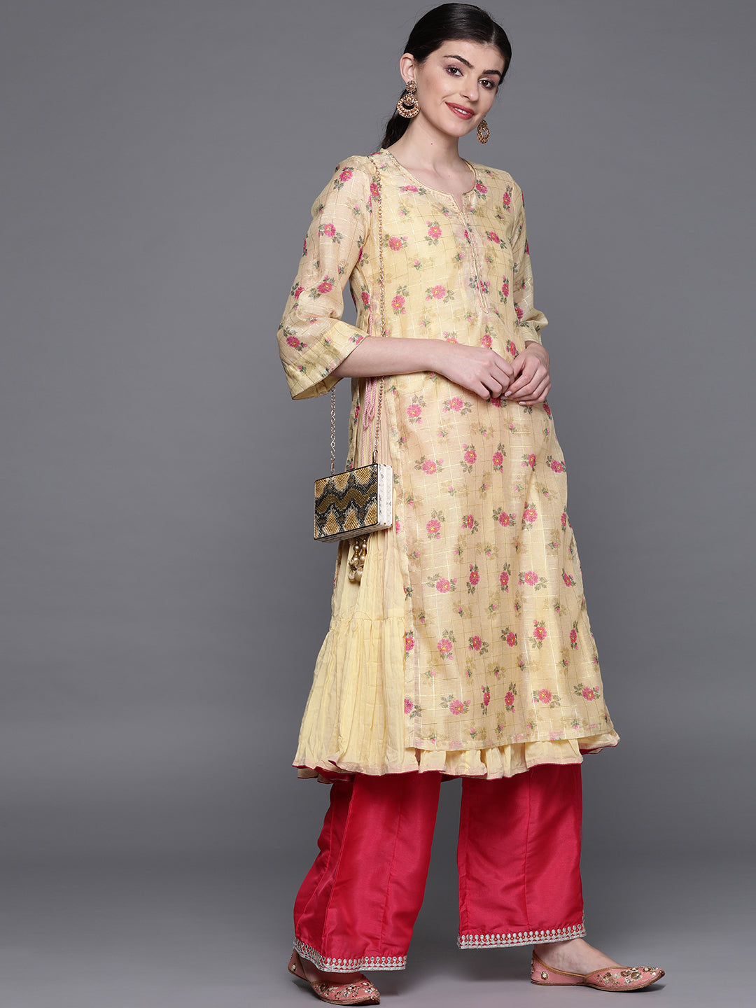 Biba Women Yellow & Pink Printed Layered Tiered A-Line Kurta - Distacart
