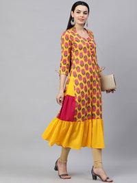 Thumbnail for HERE&NOW Women Yellow & Pink Ethnic Motifs Pure Cotton Printed Kurta - Distacart