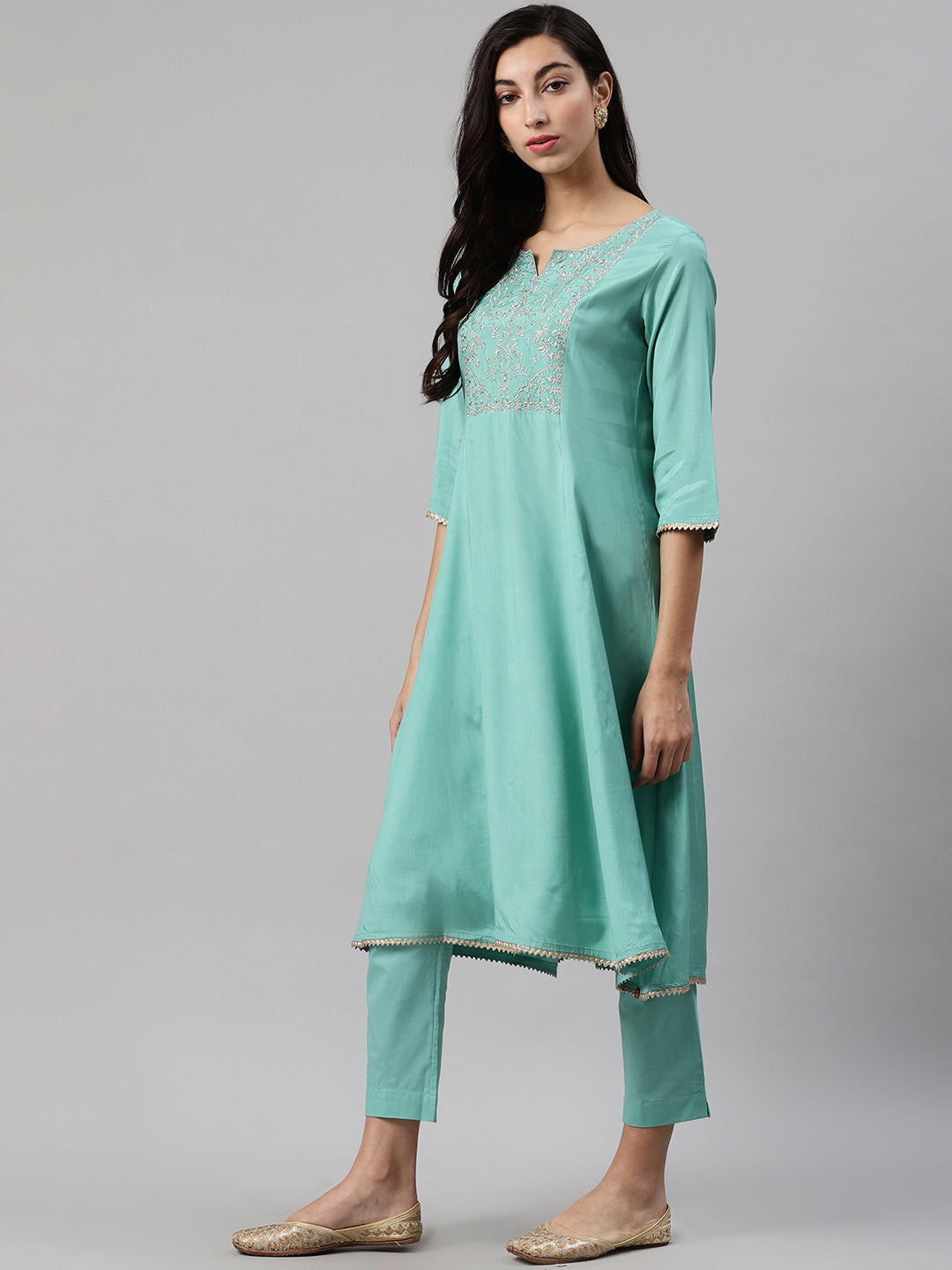 Biba Women Sea Green Yoke Design Kurta with Trousers & Dupatta - Distacart