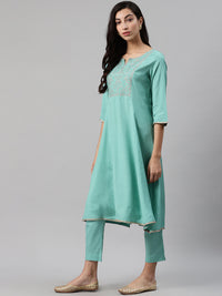 Thumbnail for Biba Women Sea Green Yoke Design Kurta with Trousers & Dupatta - Distacart