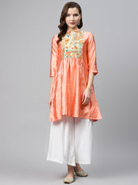 Thumbnail for Biba Women Peach-Coloured & Green Yoke Design A-Line Kurta With Sheen Effect - Distacart