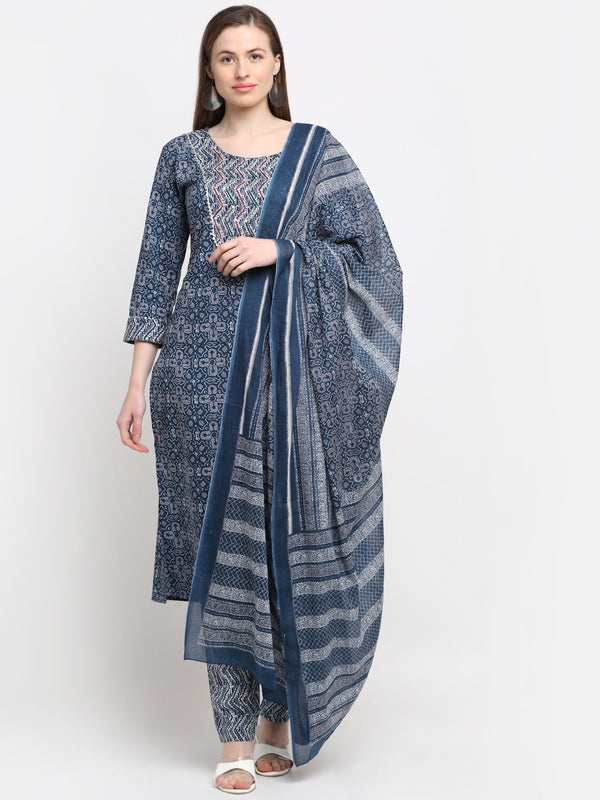 Kalini Women Blue Ethnic Motifs Printed Pure Cotton Kurta with Trousers & With Dupatta - Distacart