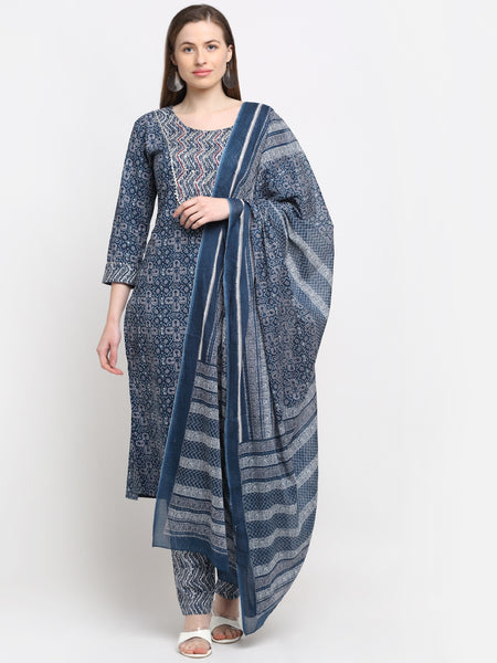 Kalini Women Blue Ethnic Motifs Printed Pure Cotton Kurta with Trousers & With Dupatta - Distacart