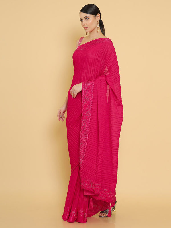 Soch Pink & Silver-Toned Beads and Stones Saree - Distacart