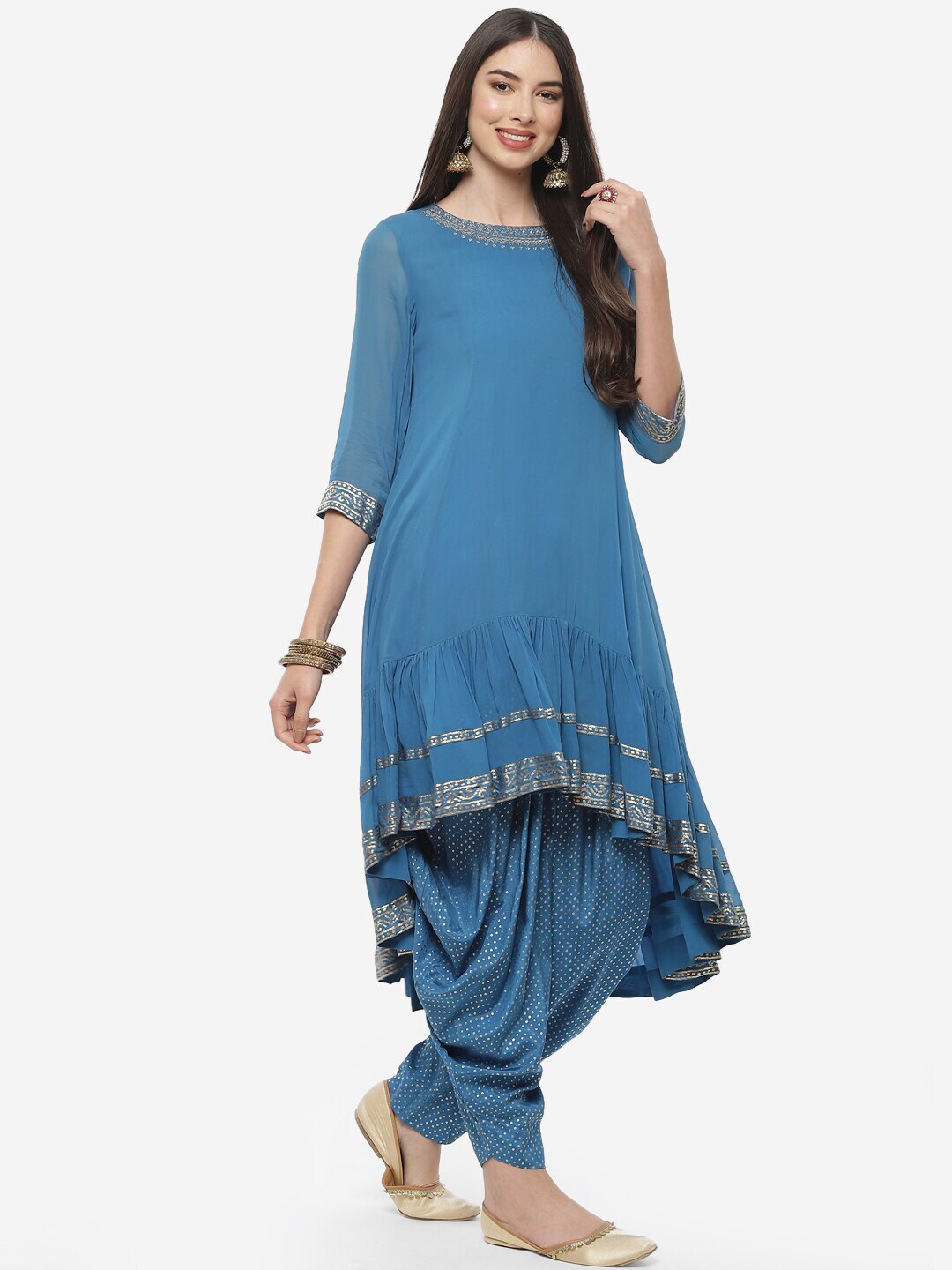 Biba Women Blue & Gold-Coloured Pleated Thread Work Kurta with Dhoti Pants & Dupatta - Distacart