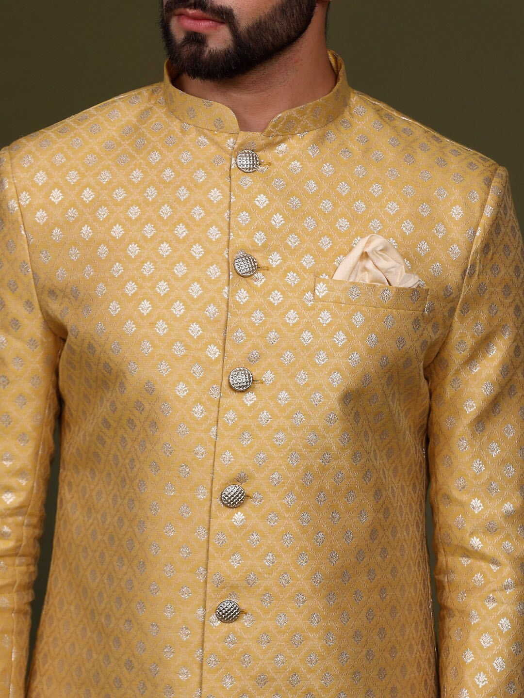 KISAH Woven Design Mandarin Collar Sherwani Set - Distacart