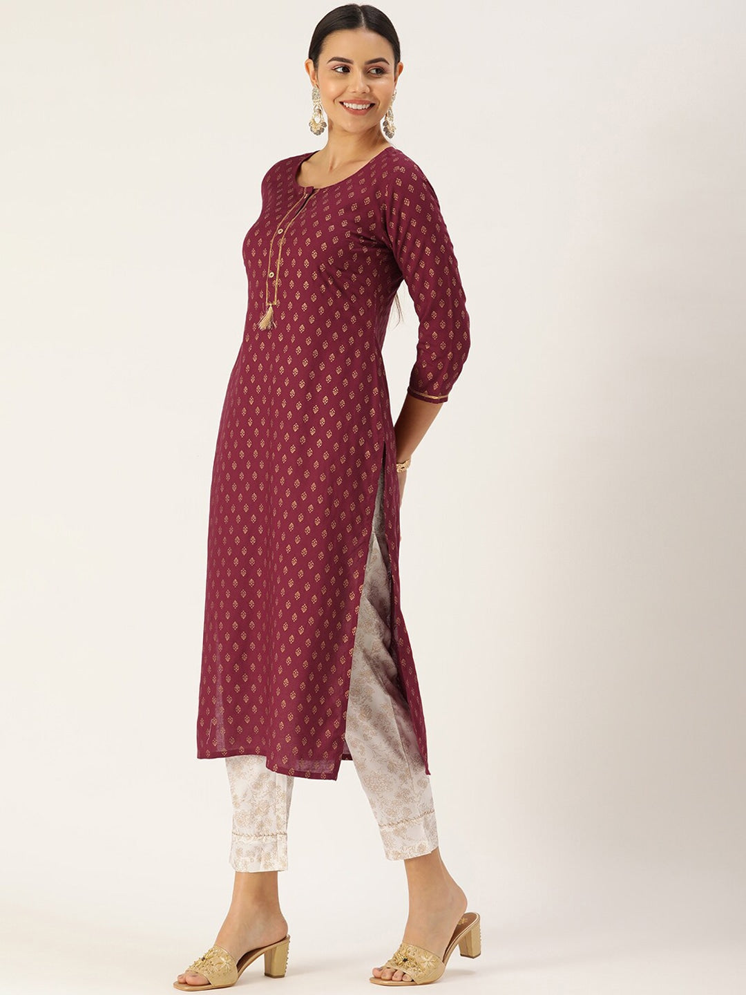 HERE&NOW Women Maroon Ethnic Printed Kurta with Trousers & With Dupatta - Distacart