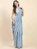 Thumbnail for Blue Silk Satin Solid Ready to wear Saree with stitched Blouse - Satiksha - Distacart