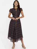 Thumbnail for Souchii Navy Blue & Gold Floral Print Fit and Flare Dress - Distacart