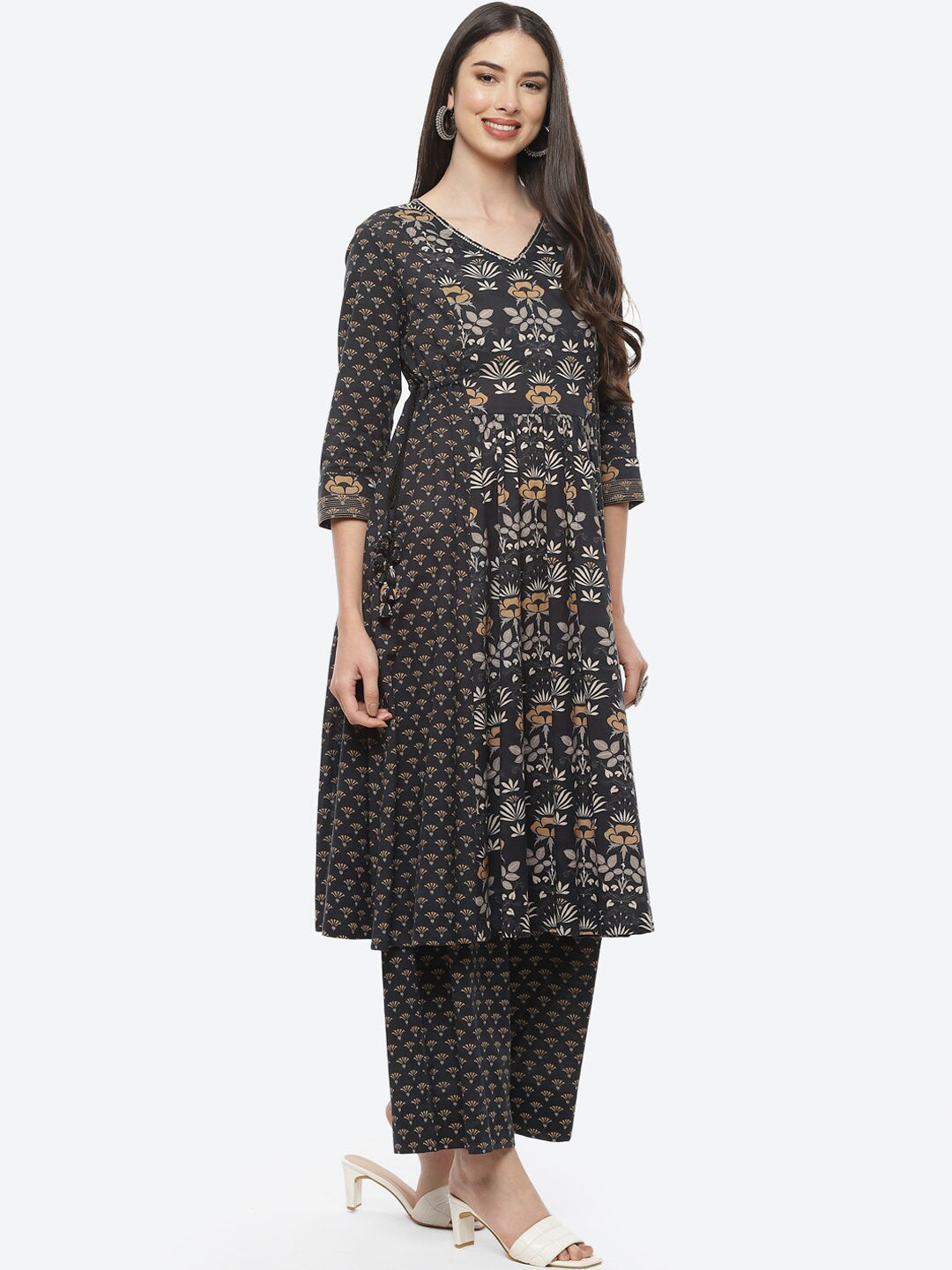 Biba Women Black Floral Printed Pure Cotton Kurta with Palazzos - Distacart