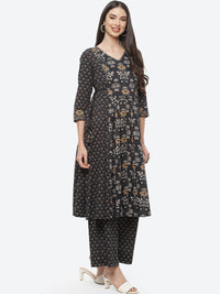 Thumbnail for Biba Women Black Floral Printed Pure Cotton Kurta with Palazzos - Distacart