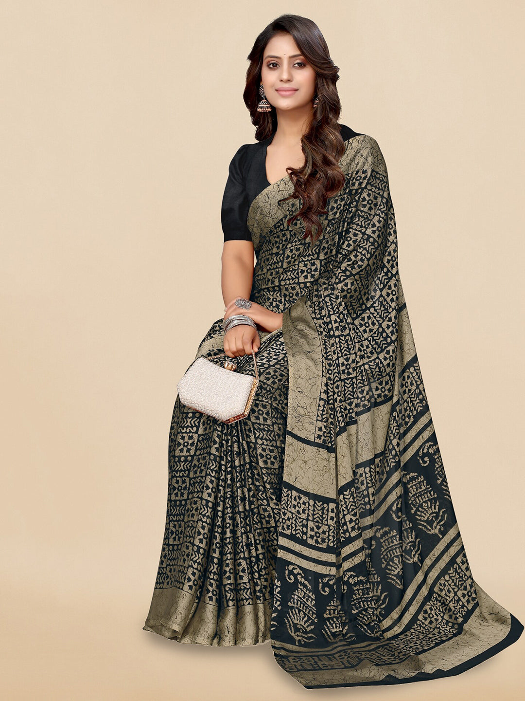 Kalini Black & Beige Batik Printed Chiffon Saree - Distacart