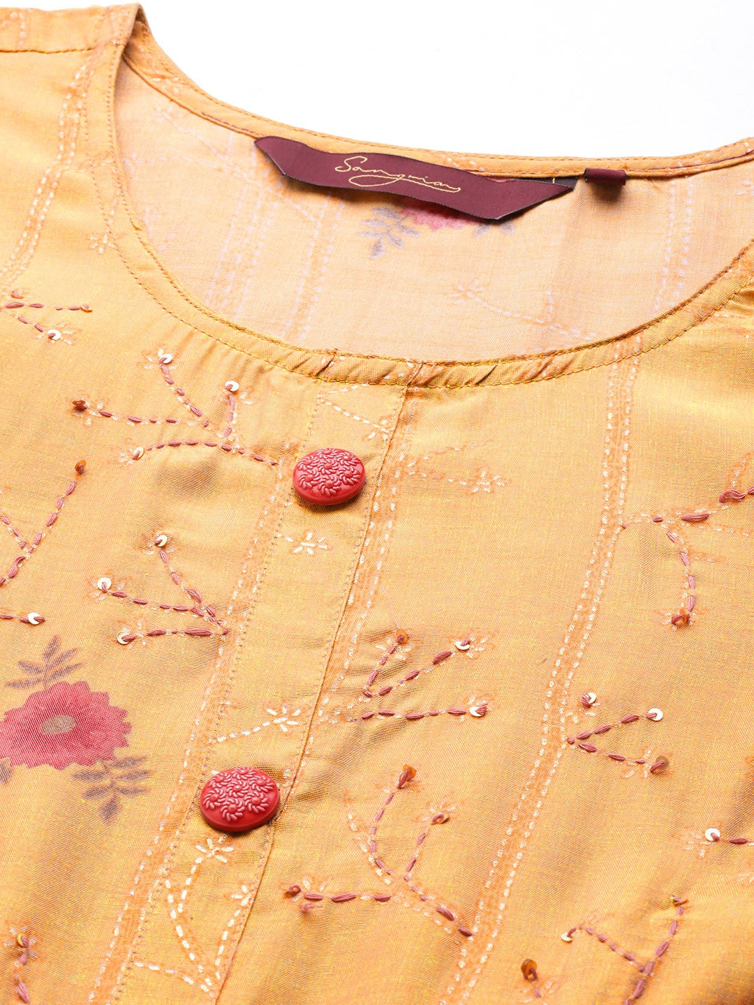 Sangria Women Mustard Yellow & Pink Ethnic Motifs Embroidered Mirror Work Anarkali Kurta - Distacart