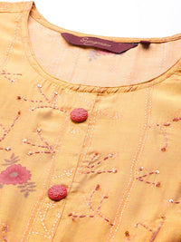 Thumbnail for Sangria Women Mustard Yellow & Pink Ethnic Motifs Embroidered Mirror Work Anarkali Kurta - Distacart