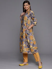 Thumbnail for Biba Women Lavender & Mustard Yellow Floral Printed Floral Kurta - Distacart