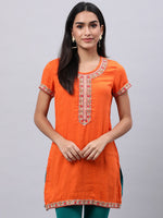 Thumbnail for Souchii Orange Floral Embroidered Mirror Work Mirror Work Kurti - Distacart