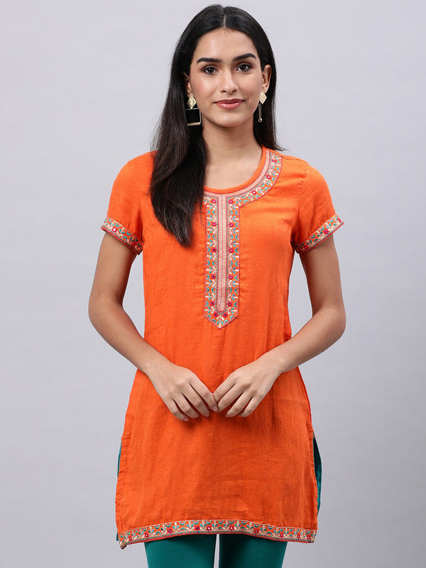 Souchii Orange Floral Embroidered Mirror Work Mirror Work Kurti - Distacart
