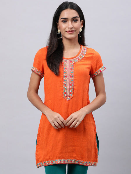 Souchii Orange Floral Embroidered Mirror Work Mirror Work Kurti - Distacart