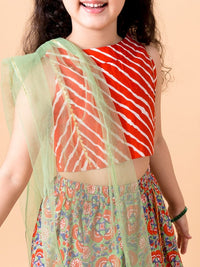 Thumbnail for Girls Orange Blue Printed Ready To Wear Lehenga Blouse With Dupatta - Mini Marvels - Distacart