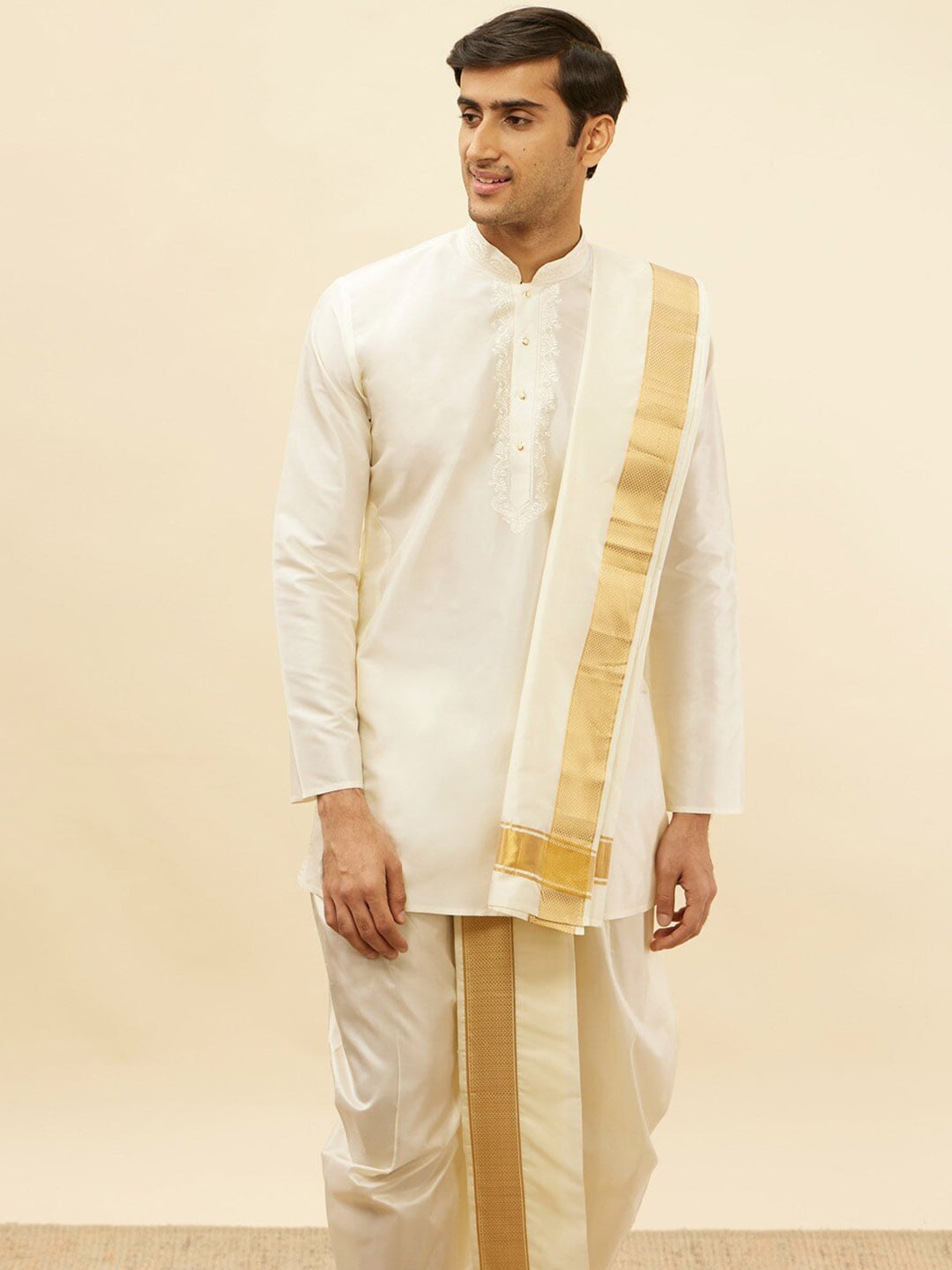 Manyavar Mandarin Collar Regular Pure Silk Kurta With Dhoti Pants & Dupatta - Distacart