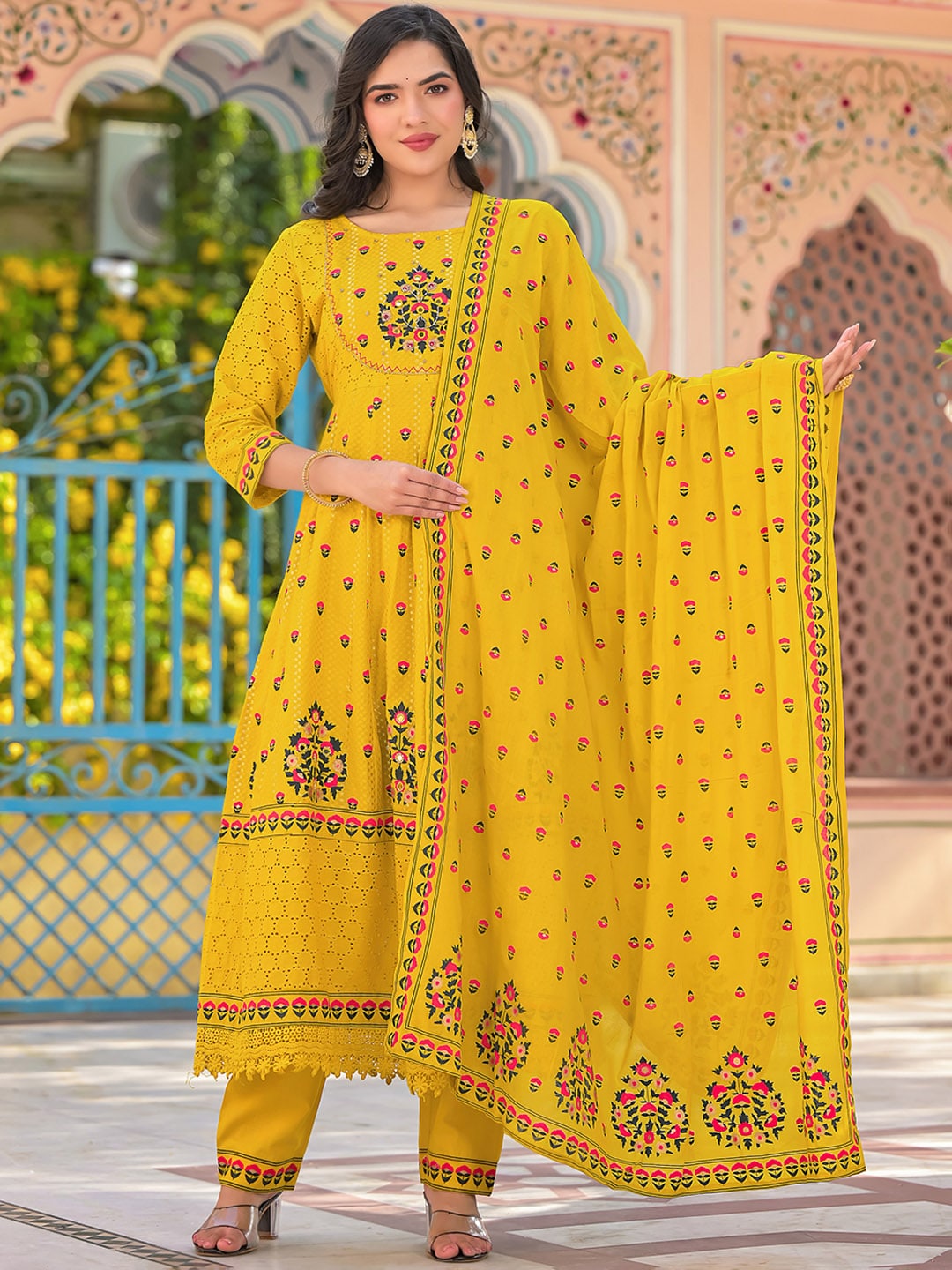 Sangria Yellow Floral Printed & Mirror Work Cotton Anarkali Kurta With Trouser & Dupatta - Distacart