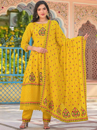 Thumbnail for Sangria Yellow Floral Printed & Mirror Work Cotton Anarkali Kurta With Trouser & Dupatta - Distacart
