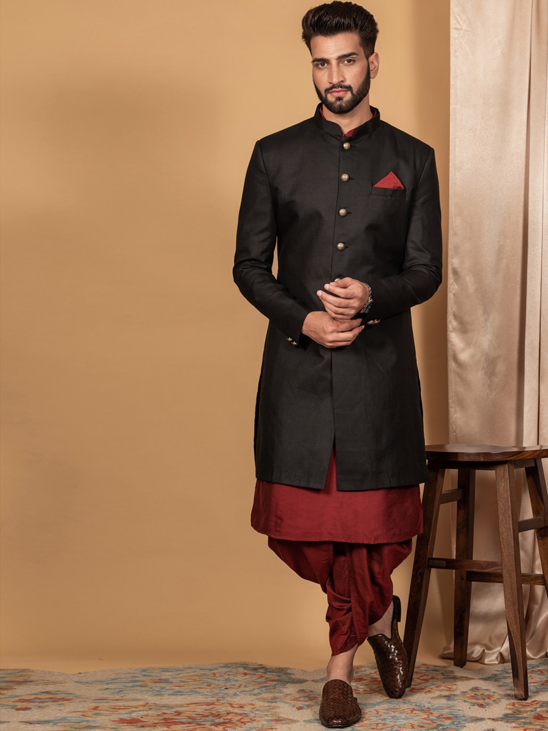 KISAH Men Black Solid Cotton Sherwani - Distacart