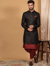 Thumbnail for KISAH Men Black Solid Cotton Sherwani - Distacart