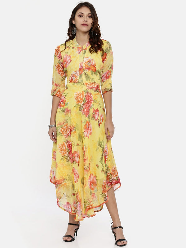 Souchii Yellow Printed Maxi Dress - Distacart
