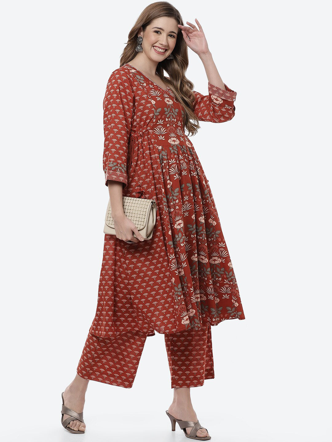 Biba Women Rust Ethnic Motifs Printed Pleated Pure Cotton Kurta with Palazzos - Distacart