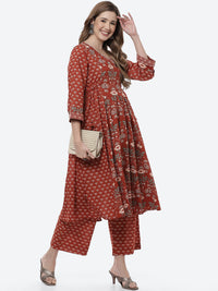 Thumbnail for Biba Women Rust Ethnic Motifs Printed Pleated Pure Cotton Kurta with Palazzos - Distacart