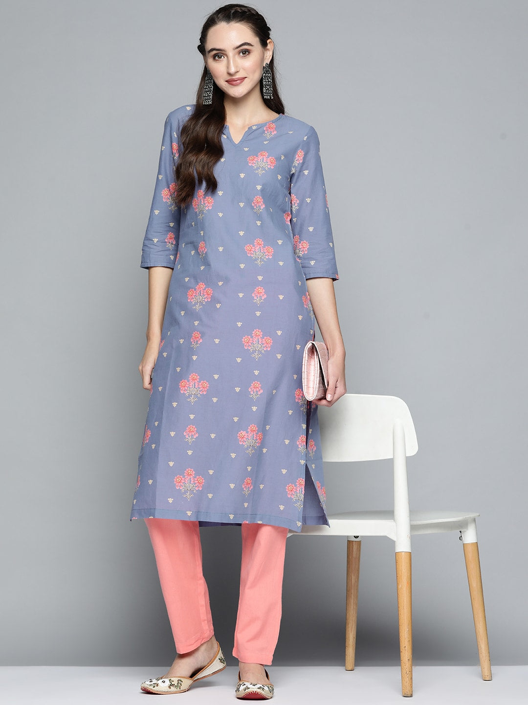 HERE&NOW Women Lavender & Pink Printed Pure Cotton Straight Kurta - Distacart