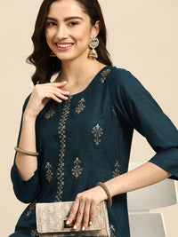 Thumbnail for Sangria Teal Blue & Golden Embroidered Regular Kurta - Distacart