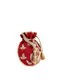 Thumbnail for Masq Red & Gold-Toned Embellished Embroidered Potli Clutch - Distacart