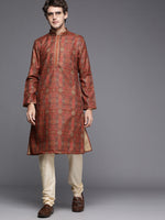Thumbnail for Manyavar Men Rust Red Ethnic Motifs Woven Design Kurta with Churidar - Distacart