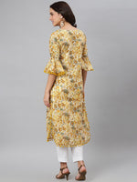 Thumbnail for Khushal K Women Yellow Floral Printed Flared Sleeves Kurta - Distacart