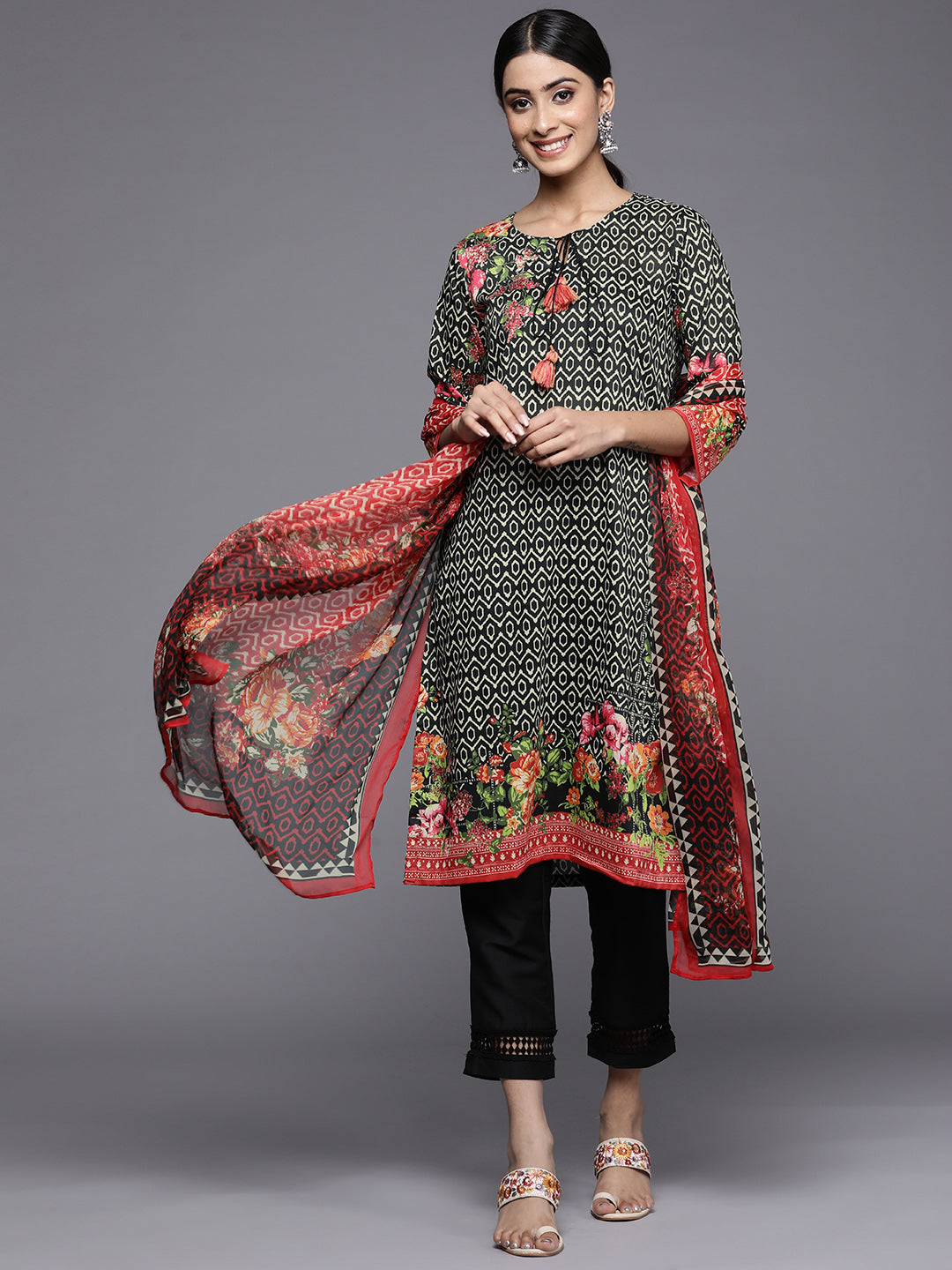 Biba Women Black Printed Kurta with Trousers & With Dupatta - Distacart