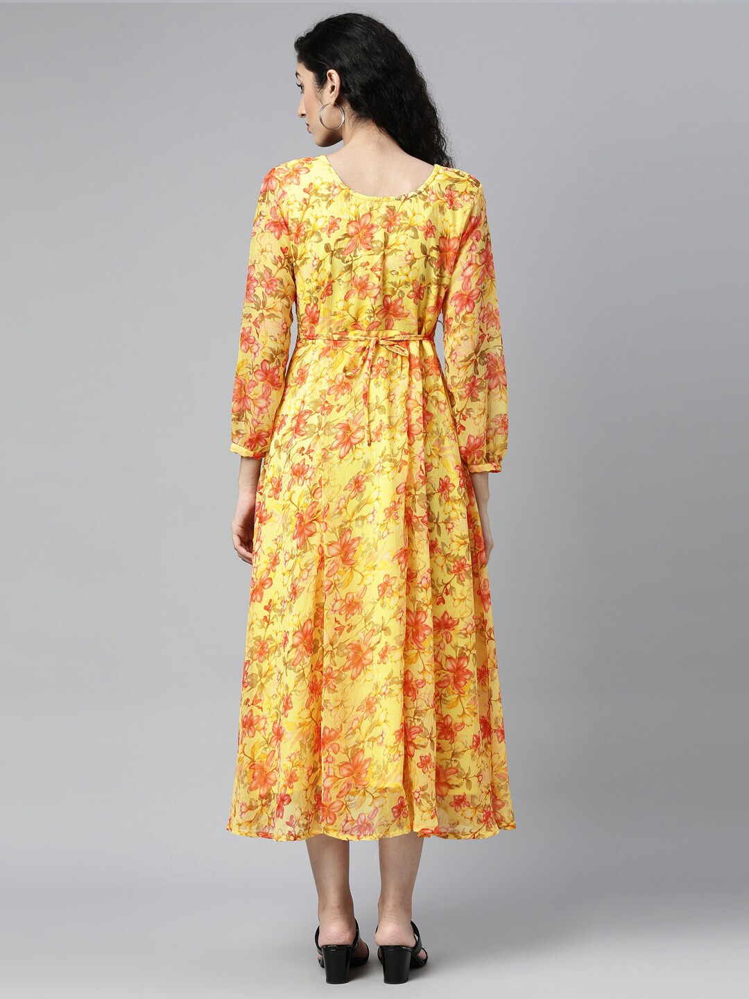 Souchii Yellow Floral Layered Chiffon A-Line Midi Dress - Distacart