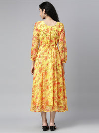 Thumbnail for Souchii Yellow Floral Layered Chiffon A-Line Midi Dress - Distacart