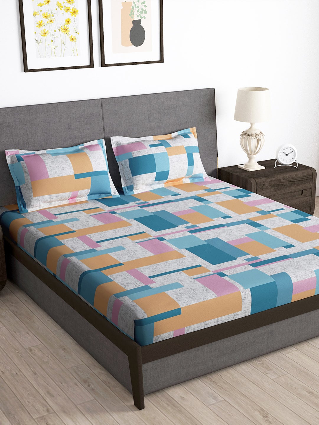 Story@home Arena Grey & White Printed 180 TC Bedsheet & Pillow Covers - Distacart