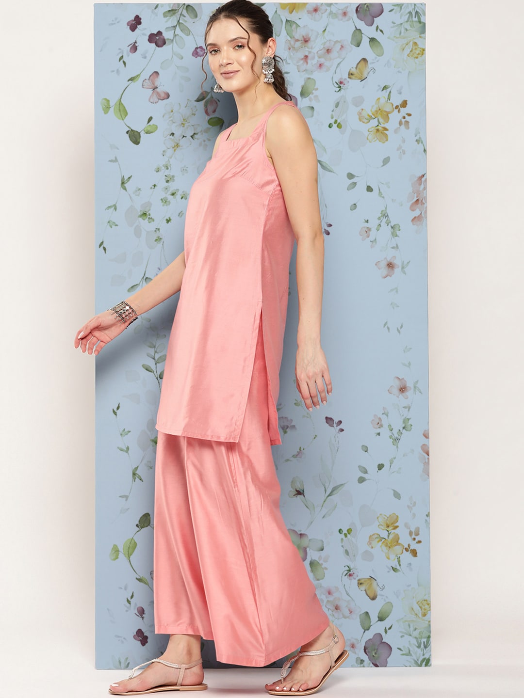 HERE&NOW Shoulder Straps Solid Straight Kurta with Palazzos & Printed Dupatta - Distacart