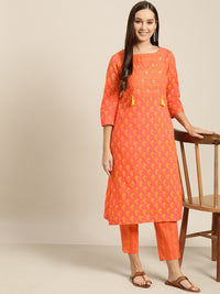 Thumbnail for Sangria Women Orange & Yellow Printed Kurta with Trousers - Distacart