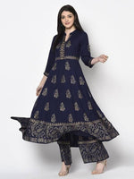 Thumbnail for Aniyah Rayon Navy Blue Color Block Print Anarkali Palazzo Set (AN-210K)