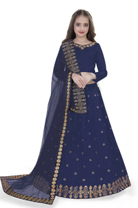 Thumbnail for Dwiden Navy Blue Queen Tafetta Sattin Semi-Stitched Girl's Lehenga Choli - Distacart