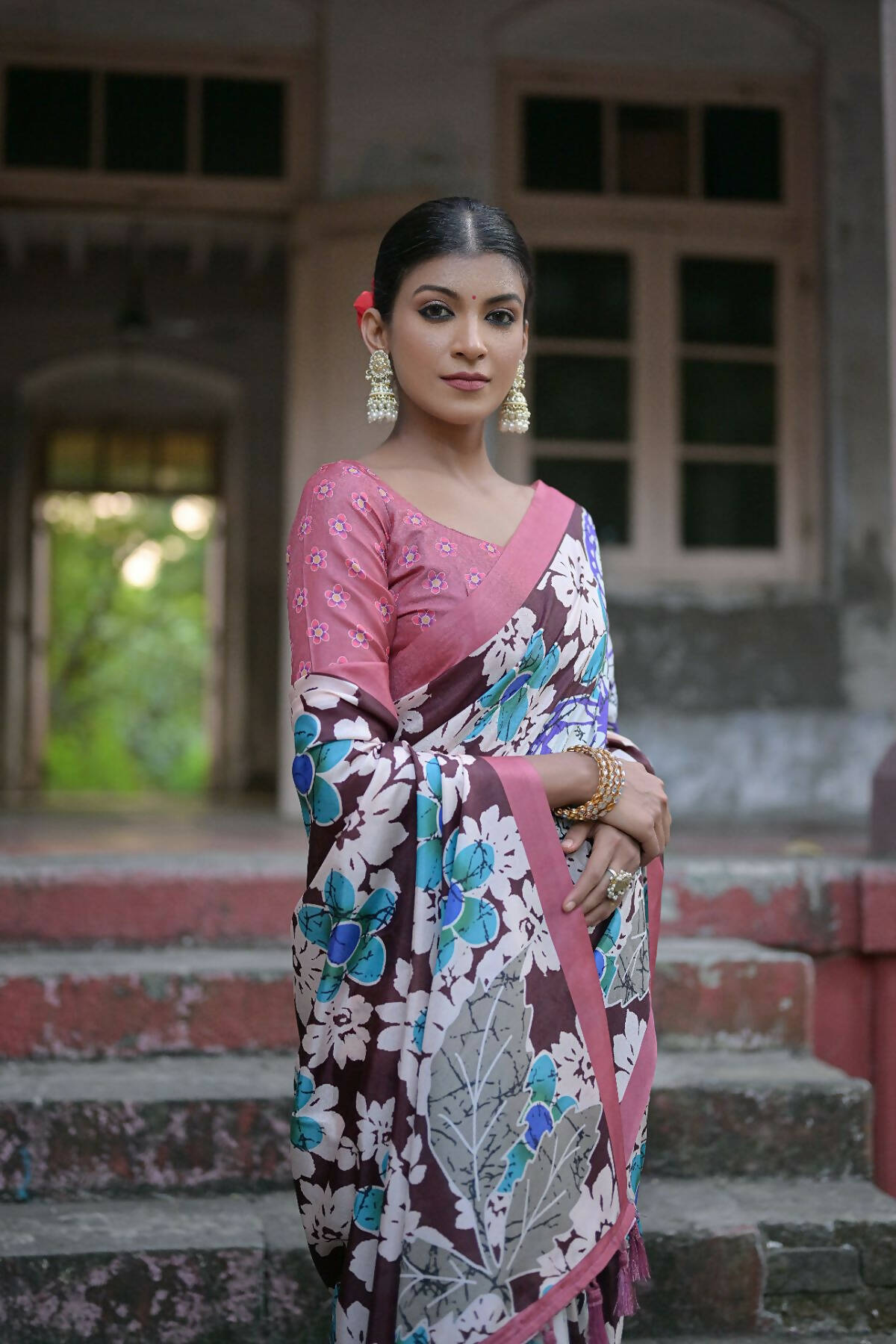 Vishnu Weaves Women's Coffee Cotton Silk Printed Saree with Blouse - Distacart