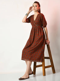 Thumbnail for Myshka Women's Rust Empire Printed Dress - Distacart