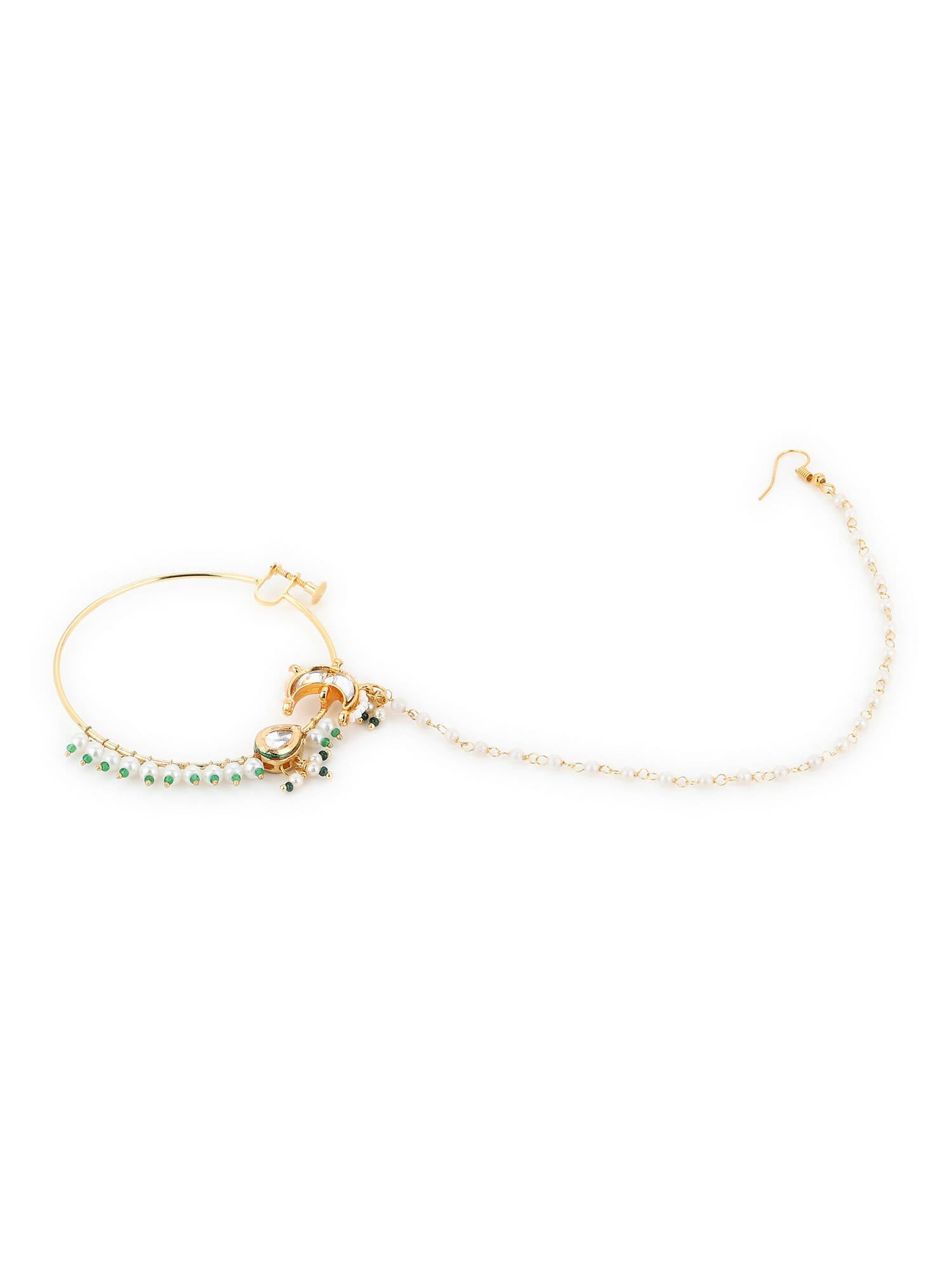 Gold-Plated White Green Kundan-Studded Pearl Beaded Nosepin - Ruby Raang - Distacart