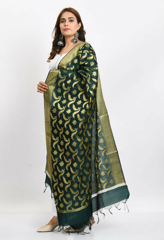 Mominos Fashion Moeza Women's Banarsi Silk Floral Woven Design Bottle Green Dupatta - Distacart