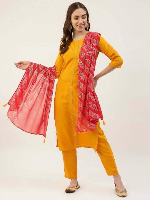 FIORRA Women's Yellow Poly Crepe Straight Kurta Pant With Dupatta - Distacart