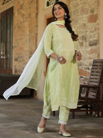 Thumbnail for Juniper Women's Lime Green Cambric Floral Print Kurta Straight Pant And Duptta Sets - Distacart